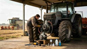 Agricultural hydraulic gear pump disassembly maintenance, showing worn internal gears, shaft and bushing parts for farm machinery repair