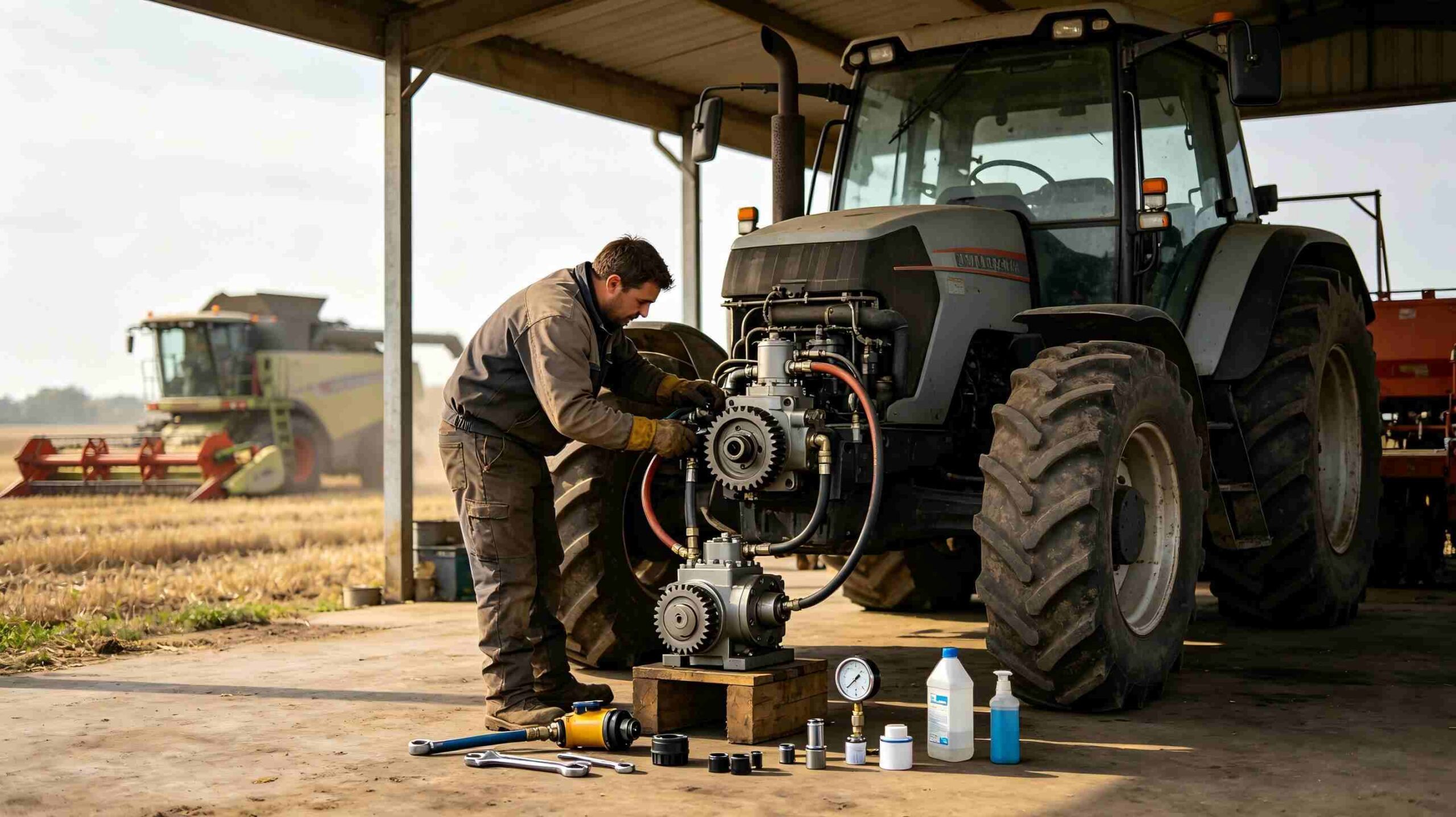 Agricultural hydraulic gear pump disassembly maintenance, showing worn internal gears, shaft and bushing parts for farm machinery repair